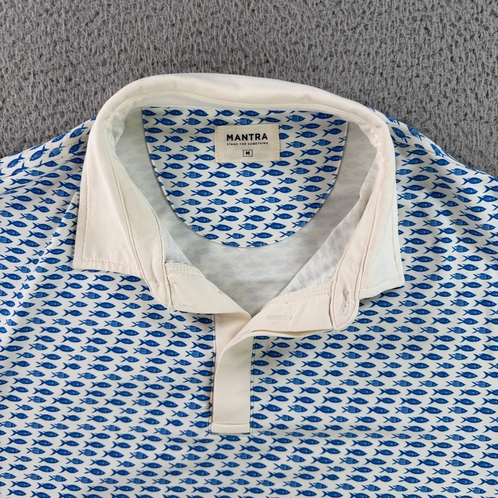 Mantra Catalyst Polo Mens Medium White Blue Fish Print Short Sleeve Shirt